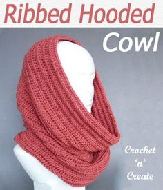 a crocheted cowl on a mannequin head with the text ribbed hooded cowl