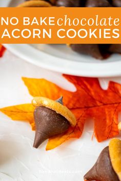 no bake acorns on a white plate with fall leaves in the background