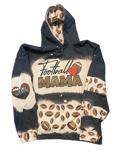 Football mama Bleached Hoodie - With custom name(s) that can be added to the sleeve. Enter name or numbers that you would like added into the Football heart on the sleeve.  Hooded Sweatshirts are all unisex sizing. Each shirt will have its own unique beauty. Please browse photos to see a variety of how your shirt may come out! Please keep in mind, every single item is handmade. Sweatshirts are bleached and made to order - usual turn around time is about 4-5 days as these are a 2 step process with washing in between.  Football Mom Bleached Hoodie -  Custom Football eart with Names on Sleeve - Bleached Hoodie - Custom Hoodie - Football Shirt Sweatshirt Game Day Hooded Hoodie With Graphic Print, Game Day Graphic Print Hooded Hoodie, Customizable Black Hoodie For Fall, Game Day Fall Hoodie, Hooded Fleece Hoodie With Sublimation Print, Fall Hoodie With Custom Print, Customizable Sporty Hoodie For Fall, Custom Print Hoodie For Fall, Custom Print Long Sleeve Hoodie For Winter