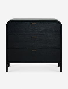 a black dresser with three drawers and two pulls on the bottom, in front of a white background