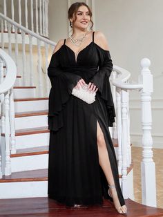 Plus Cold Shoulder Split Thigh Chiffon Dress Elegant Long Sleeve Bridesmaid Dress Black   Extra-Long Sleeve Chiffon Plain A Line Non-Stretch  Weddings & Events, size features are:Bust: ,Length: ,Sleeve Length: Plus Size Black Dress Formal, Black Bridesmaid Dresses Plus Size, Plus Size Black Dress, Mesh Bridesmaids Dress, Long Sleeve Bridesmaid Dress, Plus Size Black Dresses, Black Bridesmaid, Dress Elegant Long, Black Dress Formal