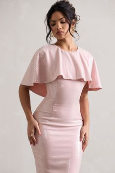 Amelie | Pastel Pink Sequin Midi Dress With Cape Glamorous Dresses With Cape Sleeves For Night Out, Glamorous Night Out Dress With Cape Sleeves, Fitted Cape Dress For Party, Glamorous Cape Dress For Party, Glamorous Fitted Cape Dress, Pink Cape Dress, Spring Dress With Sequins And Cape Sleeves, Elegant Cape Dress With Sequins, Festive Pink Dress With Cape Sleeves