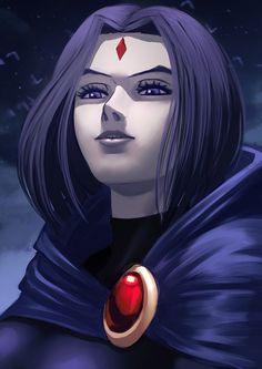 a digital painting of a woman with dark hair and blue eyes wearing a red jewel