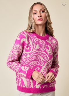 Achieve cozy comfort and feminine flair with our Pink Paisley Sweater. This warm and soft garment boasts a beautiful paisley design, making it a chic addition to any wardrobe. Experience stylish comfort with every wear. Paisley Sweater, I Fall To Pieces, Jacquard Sweater, Pink Paisley, Print Sweater, Paisley Design, Women Sleeve, Early Spring, Spring 2024