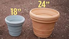 two clay pots sitting next to each other on the ground with measurements for each one