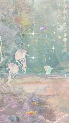 an underwater scene with jellyfish and other sea creatures in the water, surrounded by stars