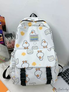 Bird in Bag - Portable Classic Casual Patchwork Little Duck Print Capacity Multi-Pocket Student Backpack School Supplies Perfect for School, College, Elementary School, Casual White Student Backpack, Cute School Backpack With Pockets, White Backpack With Pockets For Daily Use, Trendy White Backpack With Pockets, Casual White School Backpack, White School Backpack With Zipper Pocket, White Casual Backpack With Zipper Pocket, Casual White Backpack With Zipper Pocket, White Backpack With Pockets For Back To School