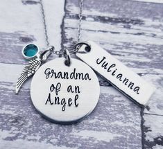 "This necklace is a special keepsake for a Grandmother who has experienced the loss of a grandchild. I have hand stamped, one letter, one hammer strike at a time, \"Grandma of an Angel\" onto a hypoallergenic aluminum disc and added an angel wing charm, a swarovski birthstone crystal, and a personalized name tag. The round 1\" pendant is made of lightweight hypoallergenic grade aluminum that will not tarnish. The charms adorn a dainty sterling silver plated chain with a lobster clasp. **Upon ord Keepsake Pendant Jewelry With Name, Keepsake Pendant Necklace With Name, Personalized Spiritual Necklaces For Keepsake, Silver Name Necklace For Keepsake, Customizable Silver Necklace For Memorial, Sterling Silver Birthstone Necklace For Memorial, Customizable Silver Memorial Necklace, Personalized Silver Charm Necklace For Keepsake, Personalized Sterling Silver Charm Necklace For Memorial