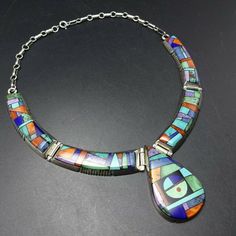 Alvin Yellowhorse NAVAJO Heavy Gauge Sterling Silver CHANNEL INLAY NECKLACE #NativeAmerican Vintage Multicolor Multi-stone Jewelry, Antique Multi-stone Pendant Necklace, Formal Multi-stone Costume Jewelry Necklace, Hallmarked Pendant Costume Necklace, Formal Inlay Bracelet Jewelry, Costume Jewelry Pendant Necklace, Vintage Multi-stone Multicolor Jewelry, Collectible Jewelry With Jewels, Antique Multicolor Multi-stone Jewelry