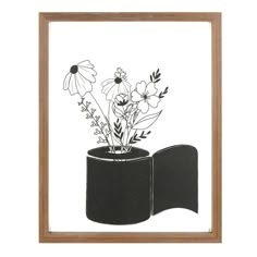 a black and white drawing of flowers in a vase