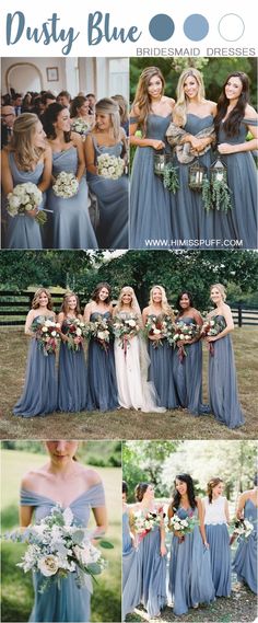 the bride and her bridal party are posing for pictures in their blue gowns