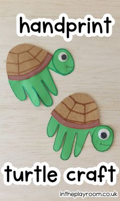 two handprinted turtle crafts with the words, printable and cut out to look like