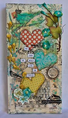 an altered collage with hearts and flowers on it's side, surrounded by words that spell out the word love