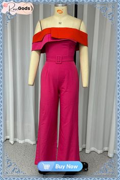 Sexy Colorblock Patchwork with Belt Irregular Contrast Strapless Regular Jumpsuits Pink Off-shoulder Fitted Jumpsuits And Rompers, Fall Winter Dresses, Dress Store, Long Blouse, Color Rosa, Winter Dresses, Fall Dresses, Sweater Top, Color Blocking