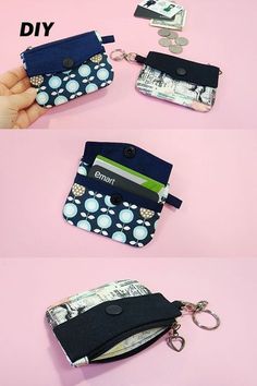 four different images showing how to make an id card holder with zippered pouches