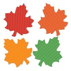 four different colored leaves are shown in this image, one is red, one is green and the other is orange