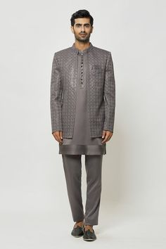 Grey art silk front-open sherwani with sequins and thread embroidery. Comes with aligadhi pant and a kurta. - Aza Fashions Open Sherwani, Kurta Set Men, Collar Kurta, Kurta Set For Men, Grey Art, Thread Embroidery, Self Design, Kurta Set, Embroidered Silk