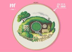 a cross stitch pattern with a green house in the middle and trees on it's side