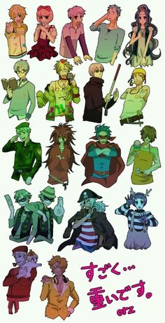 an image of some cartoon characters with different outfits and hair color choices, all in various poses