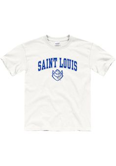 Your future Saint Louis Billikens will be ready for the game with this Saint Louis Billikens Youth White Short Sleeve Tee. This Midsize T-Shirt features a screen printed team name and mascot. Screen print graphic on center chest, Crew neck, Short sleeve, Basic fit, Perfect staple item!, 100% Cotton, Machine Washable White Collegiate T-shirt With Team Logo, White T-shirt With Team Logo For Fans, White Logo Print T-shirt For Game Day, White School Spirit T-shirt With Team Logo, White T-shirt With Team Logo For School Spirit, White Screen Print T-shirt For Game Day, White Short Sleeve T-shirt With Team Logo, White School Spirit T-shirt For Sports Season, White T-shirt For Sports Season With School Spirit