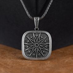 Pagan Symbol Necklace, Sun Mandala And Trident Silver Pendant Necklace, Spiritual Healing Necklace For Husband, Birthday Gift, Men Pendant  ✅ Beautifully crafted pendant  ✅ High-quality materials for durability  ✅ Detailed and intricate design pendant necklace  ✅ Makes a thoughtful gift for someone special    ★Item Details  * Gender: Male / Female  * Material: 925 Sterling Silver  * Finish: Oxidized / Polished / Gold Plated  * Pendant Weight: 8.25 - 9.25 Grams  * Pendant Diameter: 0.98 x 0.98 In Vintage Stainless Steel Necklaces With Box Chain, Vintage Stainless Steel Box Chain Necklaces, Engraved Stainless Steel Necklace With Square Pendant, Engraved Stainless Steel Square Pendant Necklace, Vintage Personalized Jewelry For Father's Day, Personalized Vintage Jewelry For Father's Day, Antique Silver Medallion Necklace For Gift, Metal Pendant Necklaces For Birthday, Silver Pendant Necklace For Outdoor