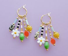 Colorful Dangle Earrings, Beaded Charm Earrings, Flower Hoop Earrings, Daisy Dangle , Dangle Huggie Hoops, Statement Earrings, Bright Hoops - Etsy Flower Hoop Earrings, Earrings Flower, Earrings Beaded, How To Apply Makeup, Charm Earrings, Jewelry Ideas, Bead Charms, Statement Earrings, Hippie Boho