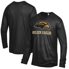 The Men's Alternative Apparel Heathered Black Southern Miss Golden Eagles Keeper Long Sleeve T-Shirt is the perfect way to show your support for the Southern Miss Golden Eagles. Made from a soft cotton and polyester blend, this long sleeve tee features printed graphics that proudly display the Southern Miss Golden Eagles logo. The crew neck and tear-away tag provide a comfortable fit, while the Southern Miss Golden Eagles logo on the chest and sleeve shows your team spirit. Whether you're cheering on the Golden Eagles at the game or just showing your support around town, this long sleeve tee is a must-have for any Southern Miss fan. Black Collegiate T-shirt For Fall, Black Long Sleeve Fan Gear T-shirt, Black Long Sleeve Team Tops, Collegiate Style Black Long Sleeve T-shirt, Black Long Sleeve Collegiate T-shirt, Fall Season Black Top For Sports Fans, Southern Miss Golden Eagles, Eagles Logo, Cal State