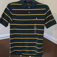 New With Tags Yellow Short Sleeve Polo Shirt For Spring, Fitted Yellow Polo Shirt For Spring, Casual Yellow Cotton Polo Shirt, Casual Yellow Polo Shirt, Yellow Fitted School Top, Yellow Fitted Tops For School, Green Shirt For School In Spring, Green Spring Shirt For School, Green Spring School Shirt