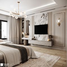 an elegant bedroom with marble walls and flooring