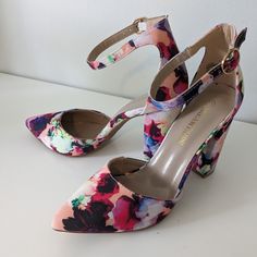 4" Block Heels, Ankle Strap, Pointed Toe, Never Worn, New Without Tags White Floral Print Closed Toe Heels, White Ankle Strap Heels With Floral Print, Multicolor Ankle-high Heels For Spring, Multicolor 4-inch Heels For Spring, Multicolor Closed Toe Heels With Floral Print, Trendy Floral Print High Heels, Multicolor 4-inch Heel Closed Toe Heels, Multicolor Ankle Strap Heels With 4-inch Heel, Multicolor Floral Print Pointed Toe Heels