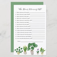 a green and white printable wedding game with potted plants on the table next to it