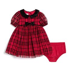 This Mia & Mimi baby girl 2-piece A-line dress set is perfect for her to wear on a special or holiday occasion. Made from a soft woven fabric, it includes a short-sleeve plaid dress with a velvet Peter Pan collar, a velvet bow at the waist, and a back zip closure and it has a pair of matching bloomers. Wear it with tights and patent Mary Jane shoes.# Pieces In Set: 2Included: 1 BloomersClosure Type: ZipperNeckline: Round NeckSleeve Length: Short SleeveDress Length: Knee LengthFiber Content: A Line Dresses, Velvet Bow, Jane Shoes, Dress Set, Mary Jane Shoes, Pan Collar, Plaid Dress, Peter Pan Collar, Dress Red