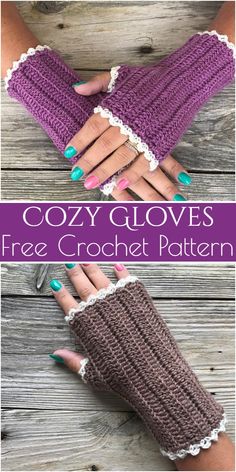 two pictures showing different types of gloves with crochet laces on the fingers