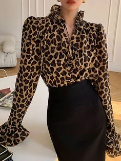 Stand Collar Blouse, Leopard Blouse, Pleated Shirt, Fitted Blouses, Sleeves Clothing, Leopard Print Blouse, Ruffled Sleeves, Collar Blouse, Print Blouse