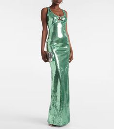 Sequined gown in green - David Koma | Mytheresa Sheer Glitter Dress, Fitted Embellished Green Maxi Dress, Luxury Fitted Green Maxi Dress, Silk Sequin Maxi Dress For Party, Silk Maxi Dress With Sequins For Party, Fitted Evening Dress With Zipper Closure, Spring Knitwear, Sequined Gown, Mac Duggal Dress