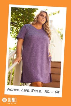 Plus size woman facing front, standing outdoors in the shade of a tree on a set of stairs, holding the railing. She is wearing a plus size dress in color lavender, with the hem just above her knee. Bottom reads: Active. Life. Style. XL - 6X. JunoActive logo is in the bottom left. Comfortable Relaxed Fit Dress With Short Sleeves, Comfortable Relaxed Fit V-neck Dress, Relaxed Fit V-neck Comfortable Dress, Comfortable V-neck Dress With Relaxed Fit, Relaxed Fit Solid Color Loungewear Dress, Solid Color Relaxed Fit Dresses For Loungewear, Comfortable Relaxed Fit Dress For Daywear, Comfortable Daywear Dress With Relaxed Fit, Comfortable Dresses With Relaxed Fit For Daywear