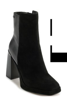 A stretchy panel and side zipper lends easy wear to a leather bootie balanced by a square toe and towering block heel. 4" heel 7" shaft; 10 1/2" calf circumference Leather and textile upper/textile lining/rubber sole Imported Black Fitted Platform Boots With Sculpted Heel, Fitted Black Platform Boots With Sculpted Heel, Black Fitted Heeled Boots With Zipper, Black Fitted Heeled Boots With Zipper Closure, Fitted Black Heeled Boots With Zipper, Fitted Black Heeled Boots With Zipper Closure, Black Fitted Square Toe Heeled Boots, Sleek Black Heeled Boots With Zipper Closure, Sleek Black Boots With Zipper Closure