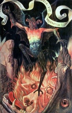 an image of a painting on the wall with flames and demons around it,