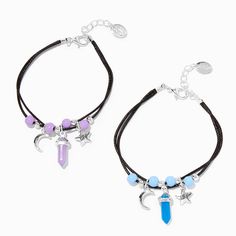 Share some celestial glow with your bestie with this bracelet set. Each multi-strand bracelet has a faux mystical gem that glows in the dark that is accompanied by a crescent moon, coordinating beads, and a star-shaped "BFF" charm. Pack Size: 2 Length: 6 in. + extender / 15.24 cm. + extender Closure: Lobster clasp Material: Metal, Polyester - Claire's Best Friends Glow-In-The-Dark Mystical Gem Multi-Strand Bracelets - 2 Pack Cheap Colorful Jewelry For Friendship, Bff Jewelry For 3 Best Friend Bracelets, Adjustable Magical Moon Phase Jewelry, Cool Bff Necklaces, Friend Ship Necklaces Bff, Glow In The Dark Matching Bracelets, Best Friend Bracelets, Bff Bracelets, Friend Stuff