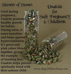 Secrets of Stones - Unakite for Safe Pregnancy and Childbirth - Crystal Healing - Used during pregnancy, Unakite promotes healthy growth for babies. During labor, it eases transition and helps against hyperventilation. It's green and pink colors blend together, giving the example of bonding love. Unakite helps parents spiritually bond with their unborn child. Birthstones Chart, Crystals 101, Pregnancy Spells, Gem Tree, Crystal Power, Gemstone Properties, Pregnancy Safe Products, Crystal Therapy, Crystal Healing Stones