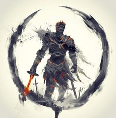 a digital painting of a knight holding two swords in front of a circular object with flames coming out of it