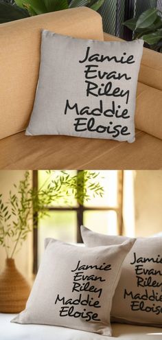 two pillows that have names on them