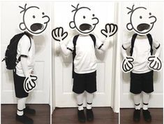 three pictures of a person in costume with black and white clothing, one is wearing a backpack