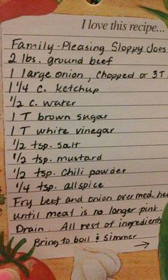 a piece of paper with writing on it and vegetables in the bottom right corner that says, i love this recipe