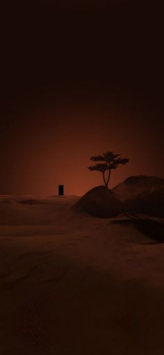 a lone tree stands in the desert at night with an orange sky and red light