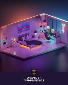 an image of a living room that is lit up in purple and blue colors with neon lights on the walls