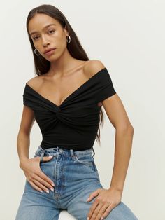 Off The Shoulder Black Top, Socialite Style, 2024 Outfits, Twist Top, Workout Crop Top, Denim Midi Skirt, Winter 2023, New Tops, Dressing Room