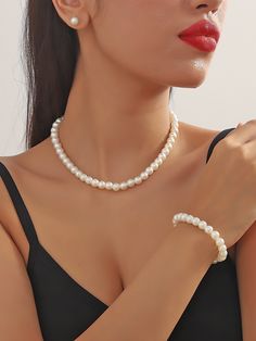 White  Collar     Embellished   Women Fashion Jewelry Pearls Sets Jewellery, Purls Jewellery, How To Style Pearl Necklace, Pearls Outfit, Pearl Necklace Outfit, Norwegian Jewelry, Perls Jewellery, White Pearl Jewelry