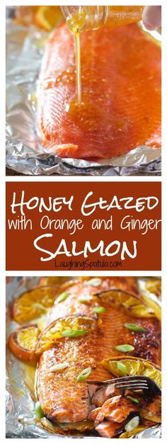 honey glazed salmon with orange and ginger sauce is being drizzled over it