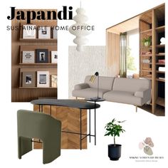 an interior design board with furniture and decor